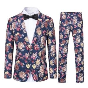 2 Piece Suit Notched Lapel Sport Coat Floral One Button Slim Fit Suit Men's XS